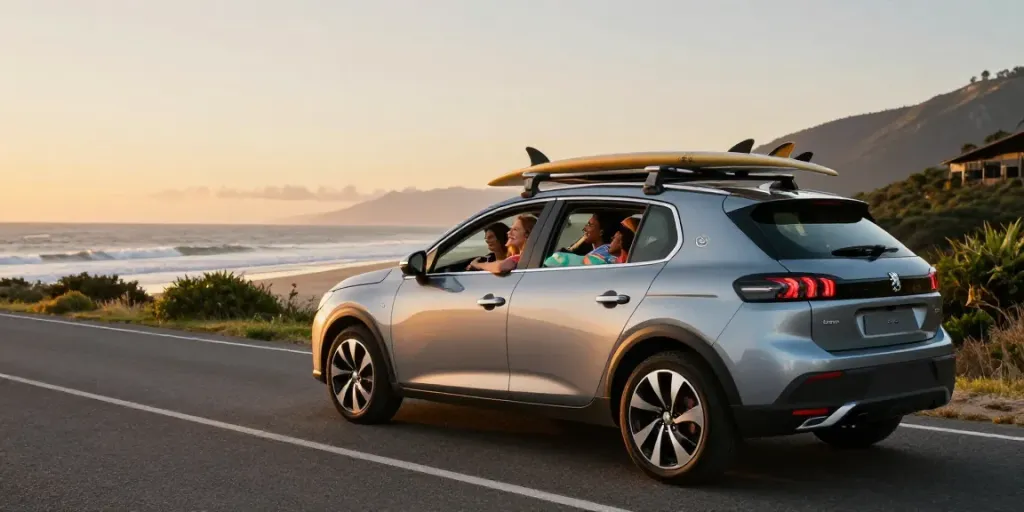 Noleggio lungo termine Peugeot con amici in auto sulla costa al tramonto