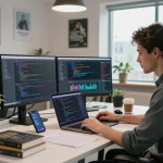 Workspace with developer using clawdbot on multiple monitors surrounded by coding materials and tech decor