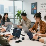Team collaborating with unique tech gadgets in a modern office environment