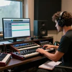 Musician composing music with SC88 sound module in a modern studio