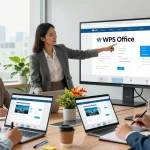 Team collaborating on WPS Official Website project in a modern office, showcasing technology use.