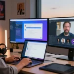 Engaging workspace with Telegram web version on display showcasing vibrant chat interfaces in a modern office.