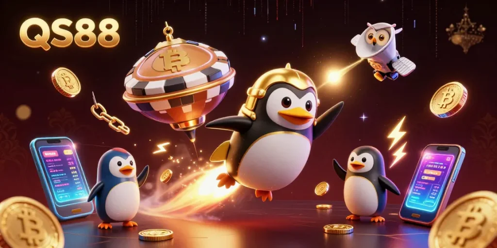 Experience thrilling wins at QS88, featuring a golden penguin and NFT elements in an exciting cosmic casino scene.