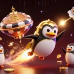 Experience thrilling wins at QS88, featuring a golden penguin and NFT elements in an exciting cosmic casino scene.