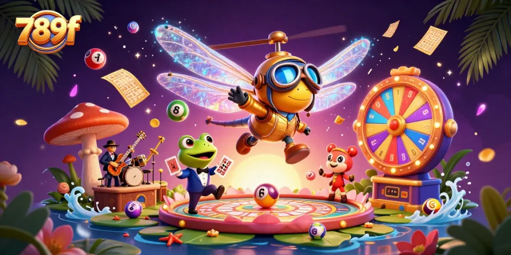 Engage with thrilling games at 789f as colorful lottery elements interact in a vibrant casino scene.