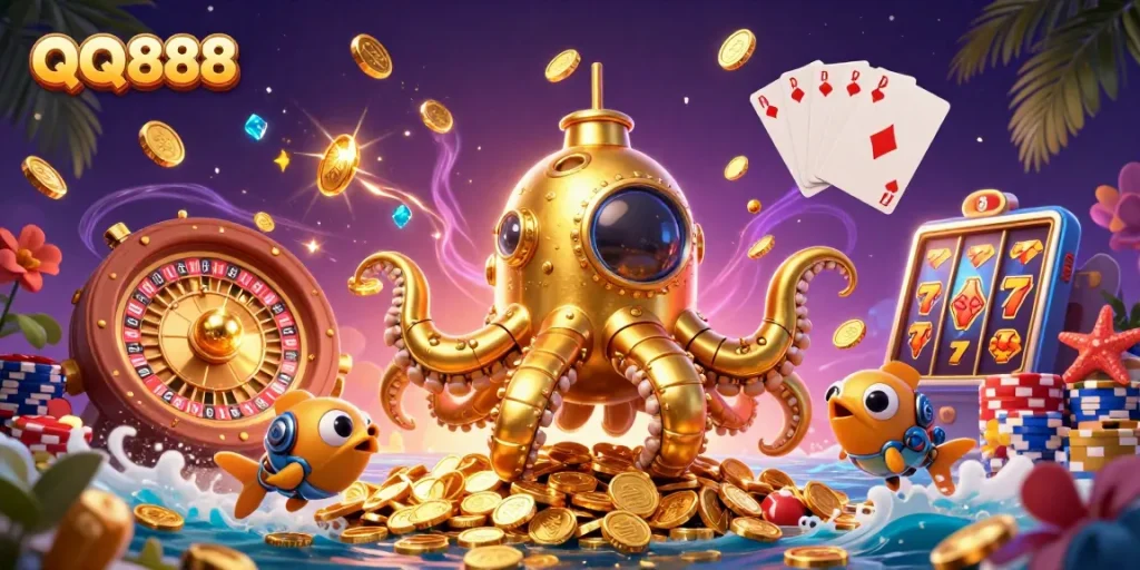 Experience thrilling gameplay at QQ888 casino with captivating golden kraken submarine illustration.