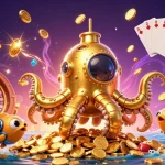 Experience thrilling gameplay at QQ888 casino with captivating golden kraken submarine illustration.