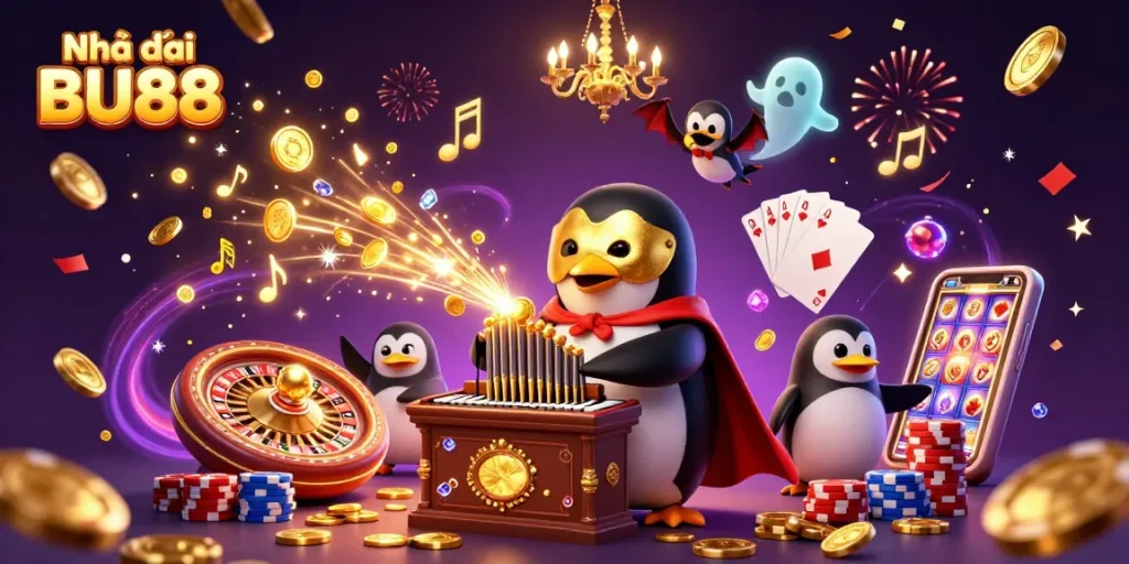 Engage with Nhà cái BU88 as a phantom opera penguin dominates this vibrant casino scene.