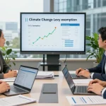 Team of consultants collaborating on Climate Change Levy exemption strategies in a professional office setting, focusing on energy optimization.