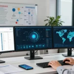 Cyber Essentials compliance overview displayed on multiple monitors in a modern cybersecurity office.