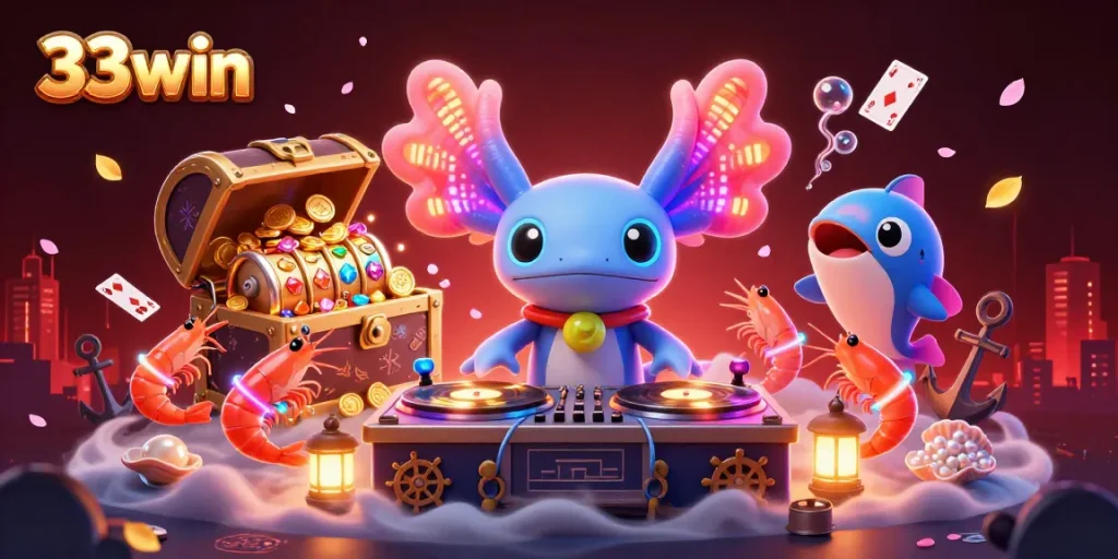 Play thrilling games at 33win with vibrant axolotl DJ, treasure chest, and floating slots!