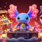 Play thrilling games at 33win with vibrant axolotl DJ, treasure chest, and floating slots!