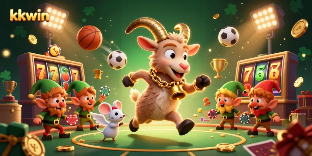 kkwin features a dynamic scene with Krampus and playful characters in a vibrant casino atmosphere.