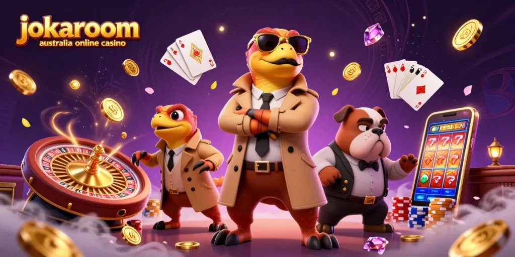 Experience winning at jokaroom australia online casino with raptors in a trench coat entering a VIP lounge.