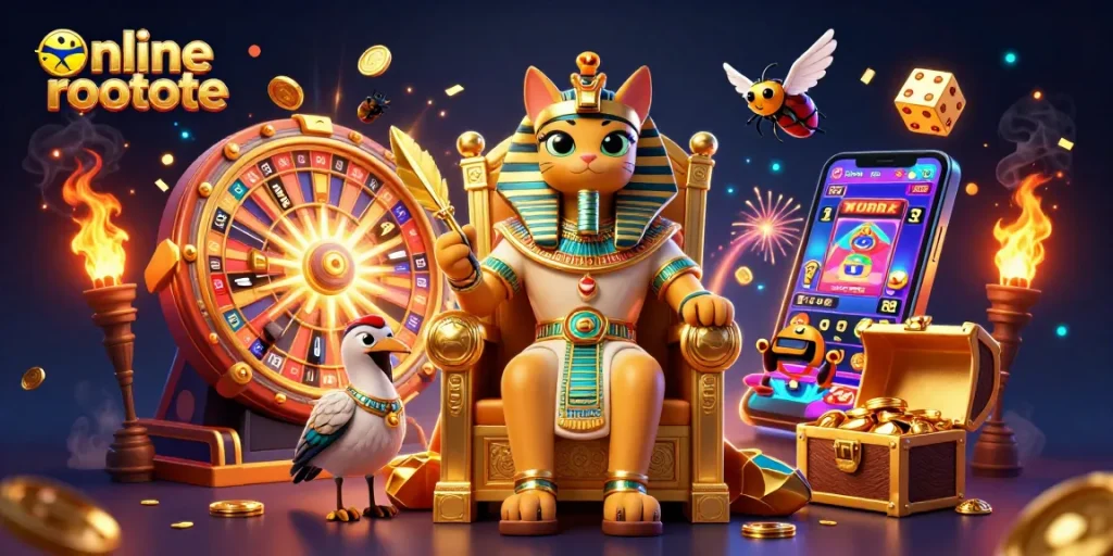 Play thrilling online roulette with a vibrant 3D casino scene featuring a pharaoh cat and jackpot elements.