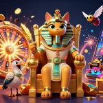 Play thrilling online roulette with a vibrant 3D casino scene featuring a pharaoh cat and jackpot elements.
