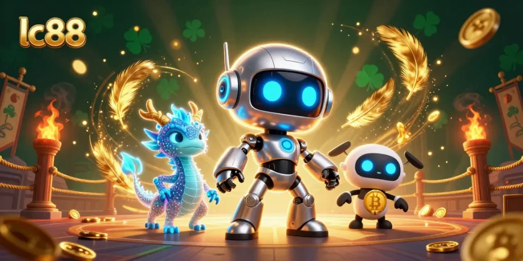Engage with lc88 through a vibrant 3D illustration depicting an exciting casino scene with dynamic characters.