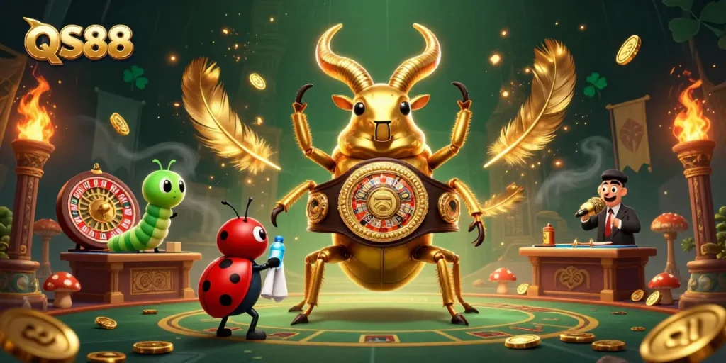 Experience exciting gaming strategies at QS88, featuring a golden beetle champion in a lively casino scene