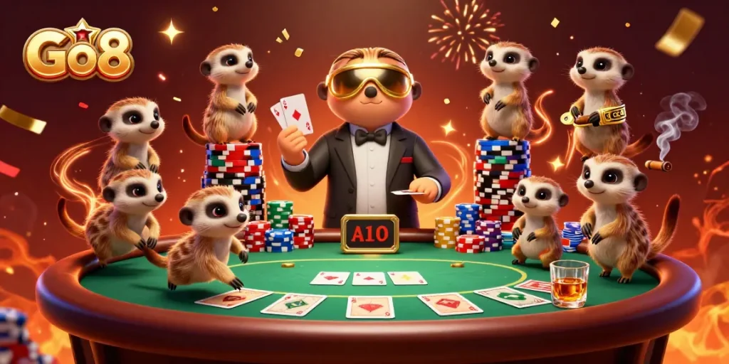 Go8 meerkats engaging in a vibrant poker game with colorful chips and celebratory effects