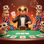 Go8 meerkats engaging in a vibrant poker game with colorful chips and celebratory effects