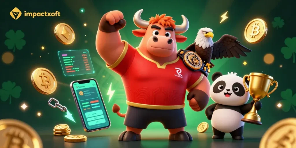 Engage with impactxoft through exciting 3D casino scenes featuring crypto elements and lively characters.