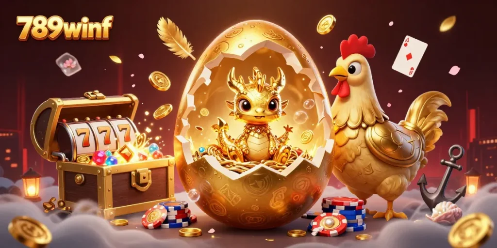 Experience the excitement of 789winf as a golden dragon emerges from a colossal egg atop poker chips.