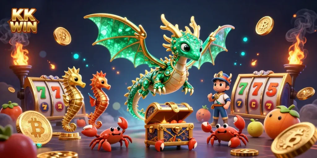 Experience casino excitement with KK WIN, featuring a vibrant 3D sea dragon illustration, cryptocurrency elements, and slot games.