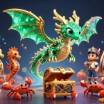 Experience casino excitement with KK WIN, featuring a vibrant 3D sea dragon illustration, cryptocurrency elements, and slot games.