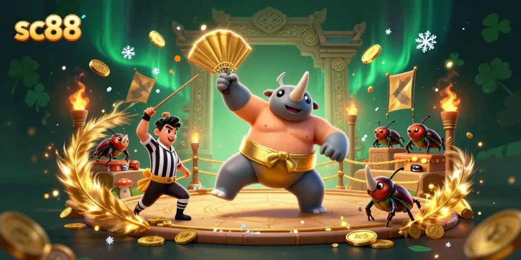 Experience the thrilling action of sc88 with a cartoon sumo beetle champion amidst a gold-laden casino arena.