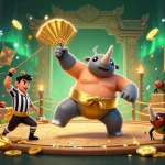 Experience the thrilling action of sc88 with a cartoon sumo beetle champion amidst a gold-laden casino arena.