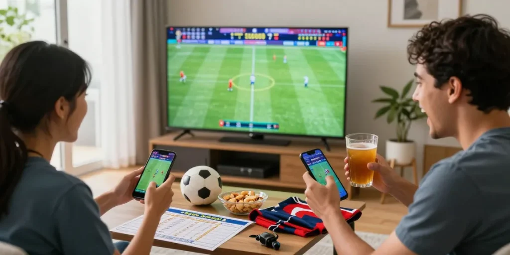 Excited friends enjoying sbobet judi bola during a live football match, showcasing home betting experience.