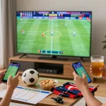 Excited friends enjoying sbobet judi bola during a live football match, showcasing home betting experience.
