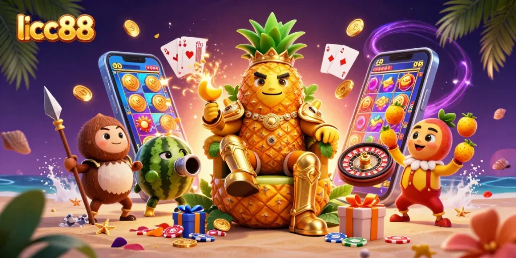 Join the excitement with lclc88 as the golden pineapple king reigns over a vibrant beach casino scene.