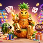 Join the excitement with lclc88 as the golden pineapple king reigns over a vibrant beach casino scene.