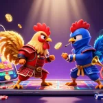 Engage with slotj88's thrilling duel of cartoon roosters and vibrant casino elements.
