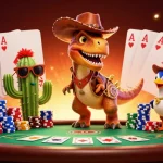 Kuwin online gambling scene with a poker-playing dinosaur and friends enjoying a vibrant casino atmosphere.