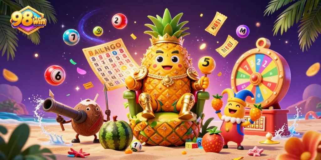 Experience the thrill of gaming at 98win with vibrant casino elements and exciting characters.