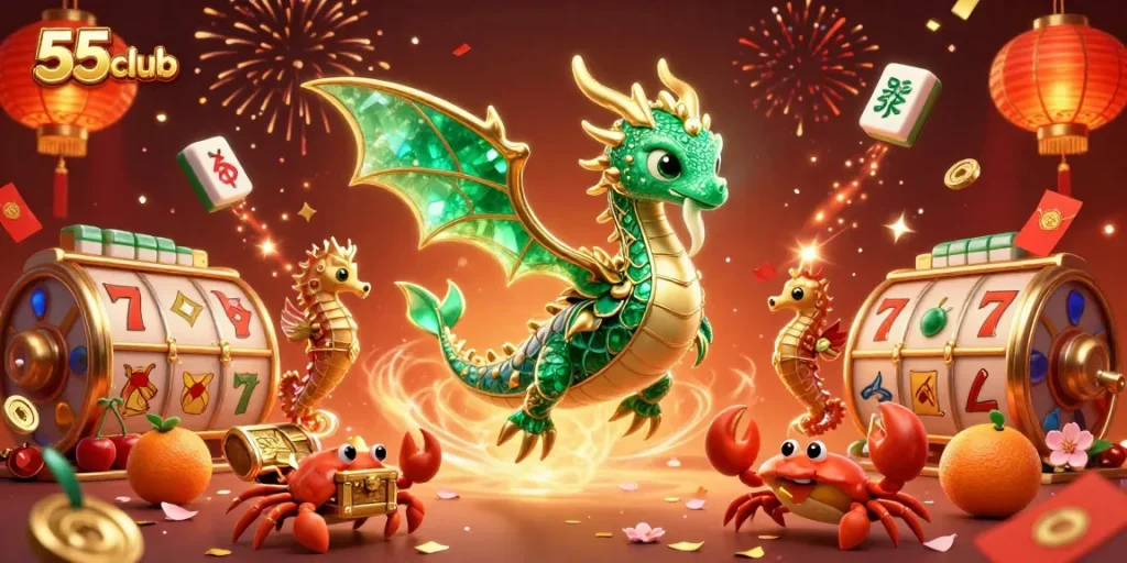 Engage with exciting games at 55club, featuring a vibrant scene with dynamic slot reels and animated characters.