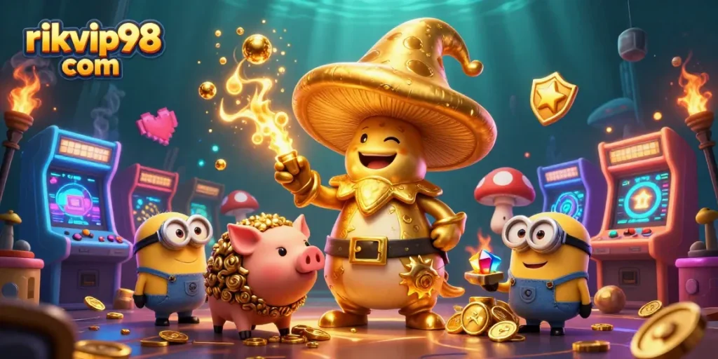 Experience excitement at rikvip98 com with golden wizard and treasure-hunting characters in a dynamic casino scene.
