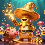 Experience excitement at rikvip98 com with golden wizard and treasure-hunting characters in a dynamic casino scene.