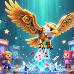 Win big with Phbet in this dynamic casino scene featuring a golden eagle and arcade games.